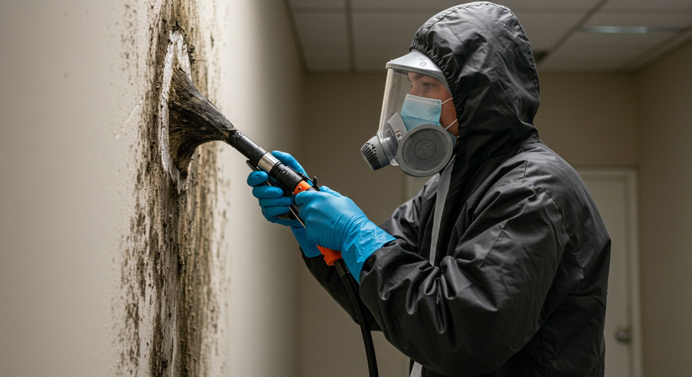 A professional wearing protective gear is actively removing black mold from a commercial property.