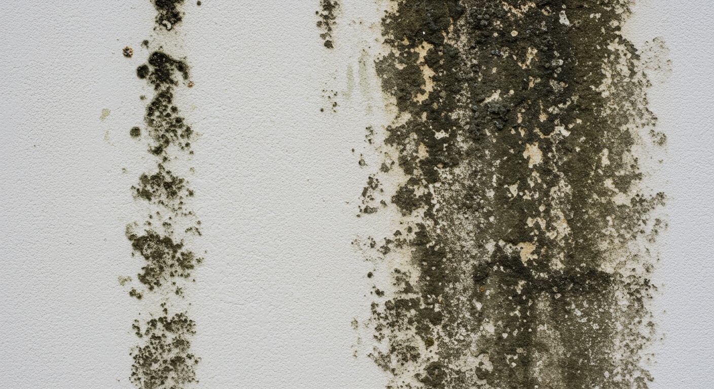 A wall with visible mold patches and water stains, illustrating the impact of moisture issues in a home.