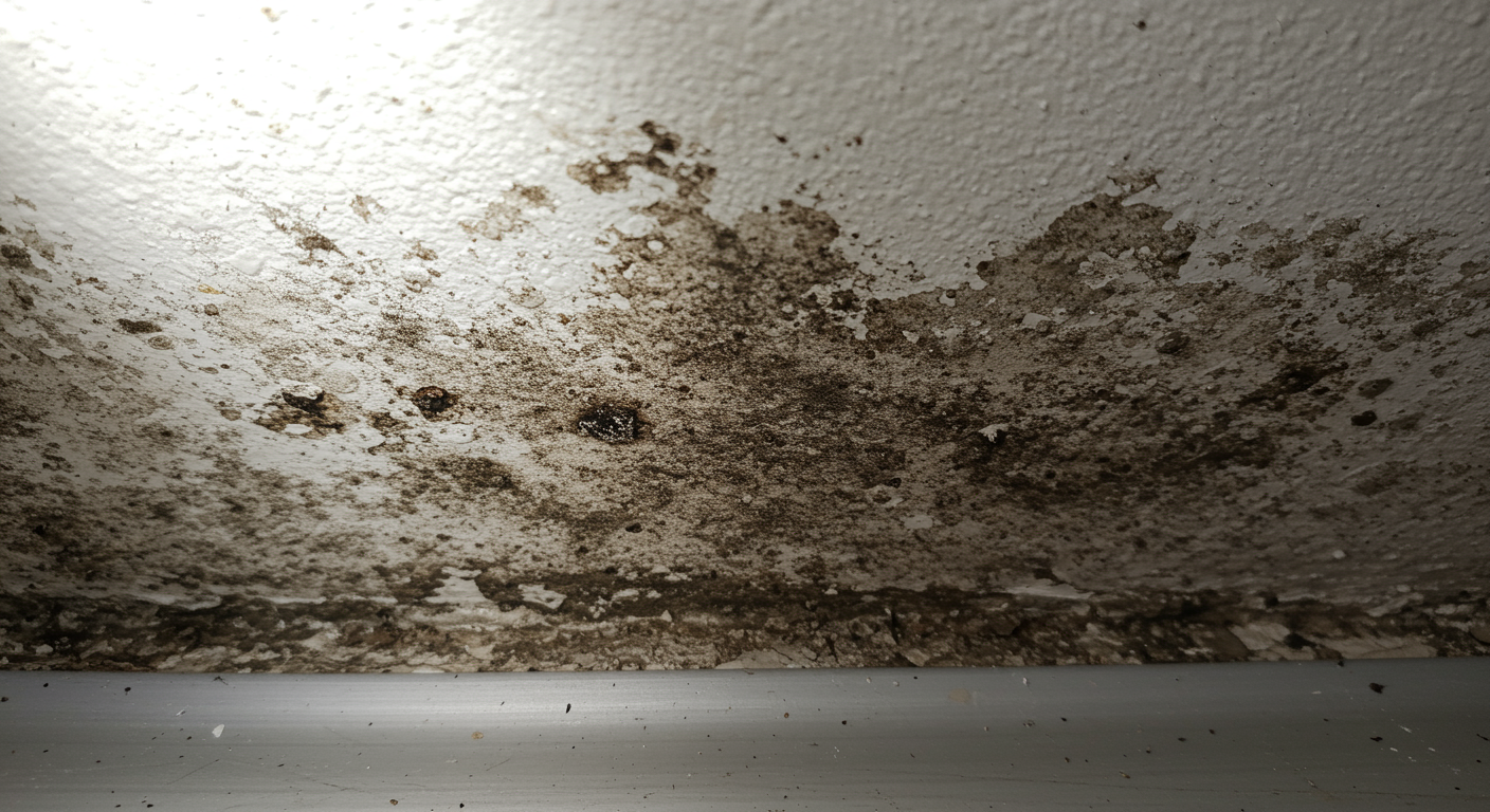 A close-up image of a damp area in a home, showcasing dark spots and discoloration on the wall, indicating mold growth. Natural light is filtering in, highlighting the affected area.
