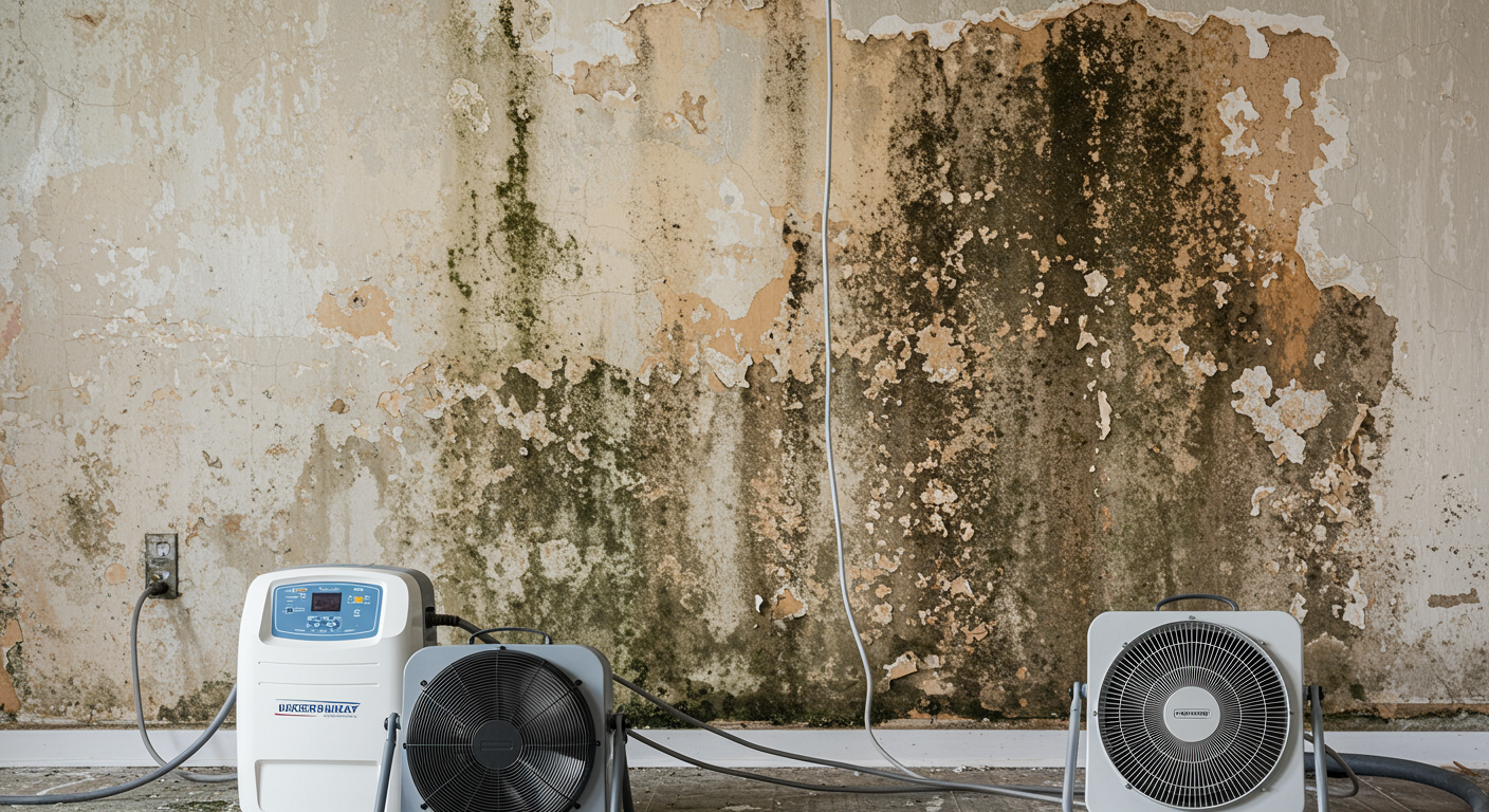 A close-up of a water-damaged wall with peeling paint and mold, alongside restoration equipment like dehumidifiers and fans.