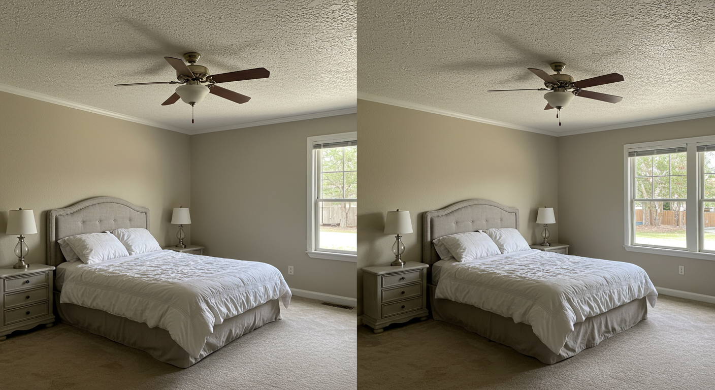 A before-and-after collage showing a popcorn ceiling in a bedroom on the left and the same bedroom after the removal on the right, highlighting the transformation.