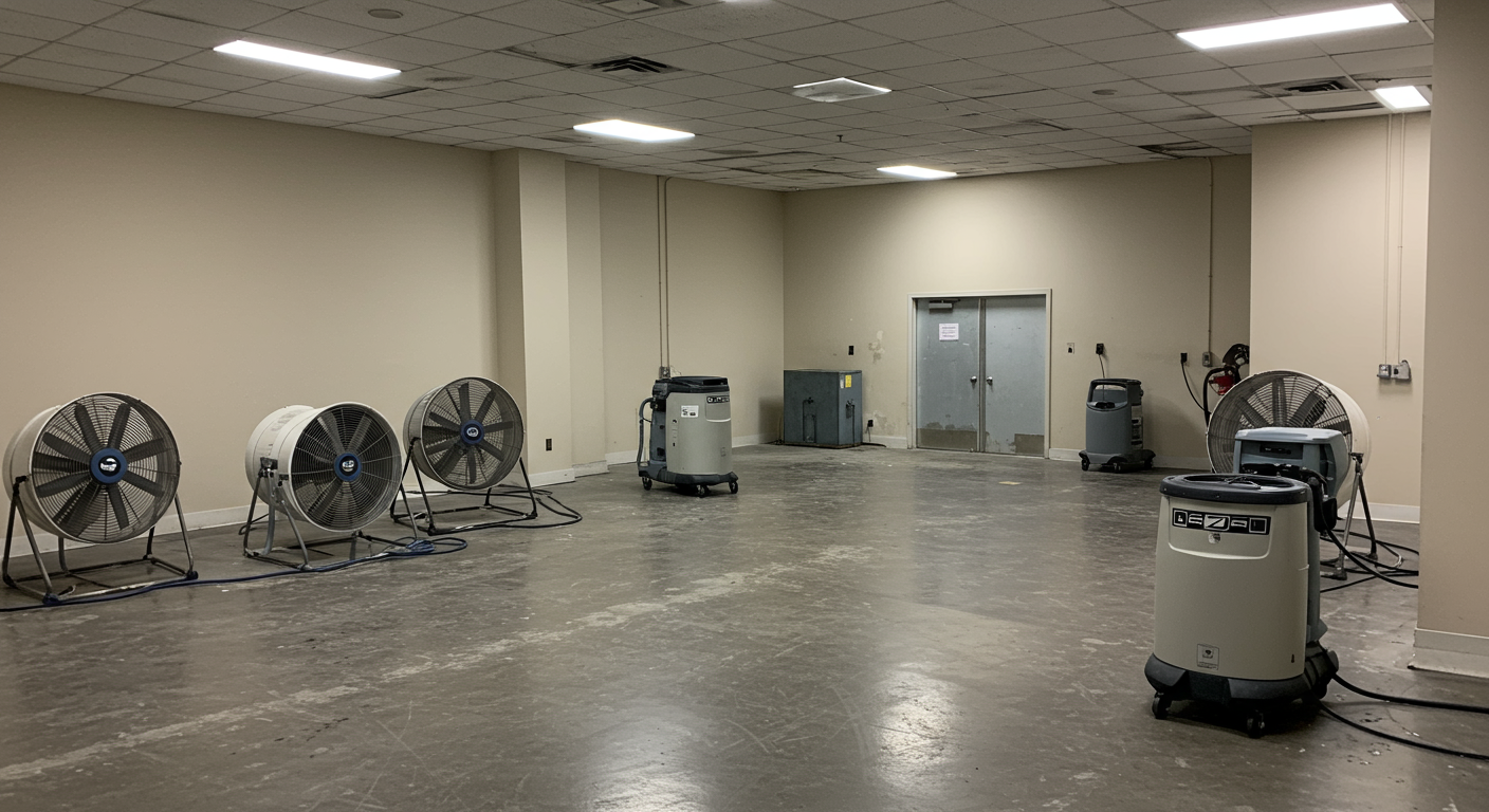 A commercial space with industrial fans and dehumidifiers set up to dry out the area after water removal, illustrating the restoration process.