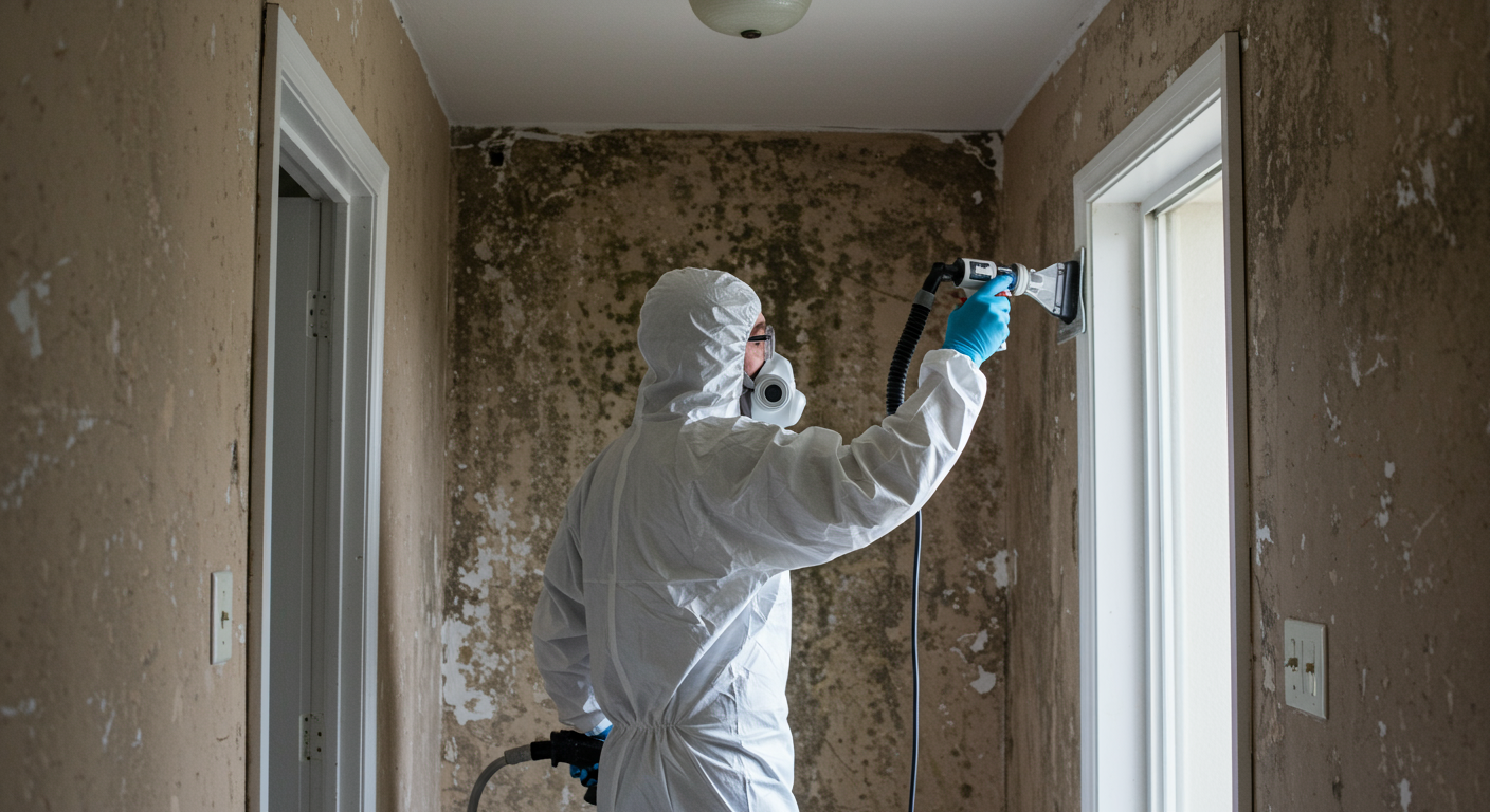 A professional mold remediation technician in protective gear actively removing mold from a wall in a residential home.
