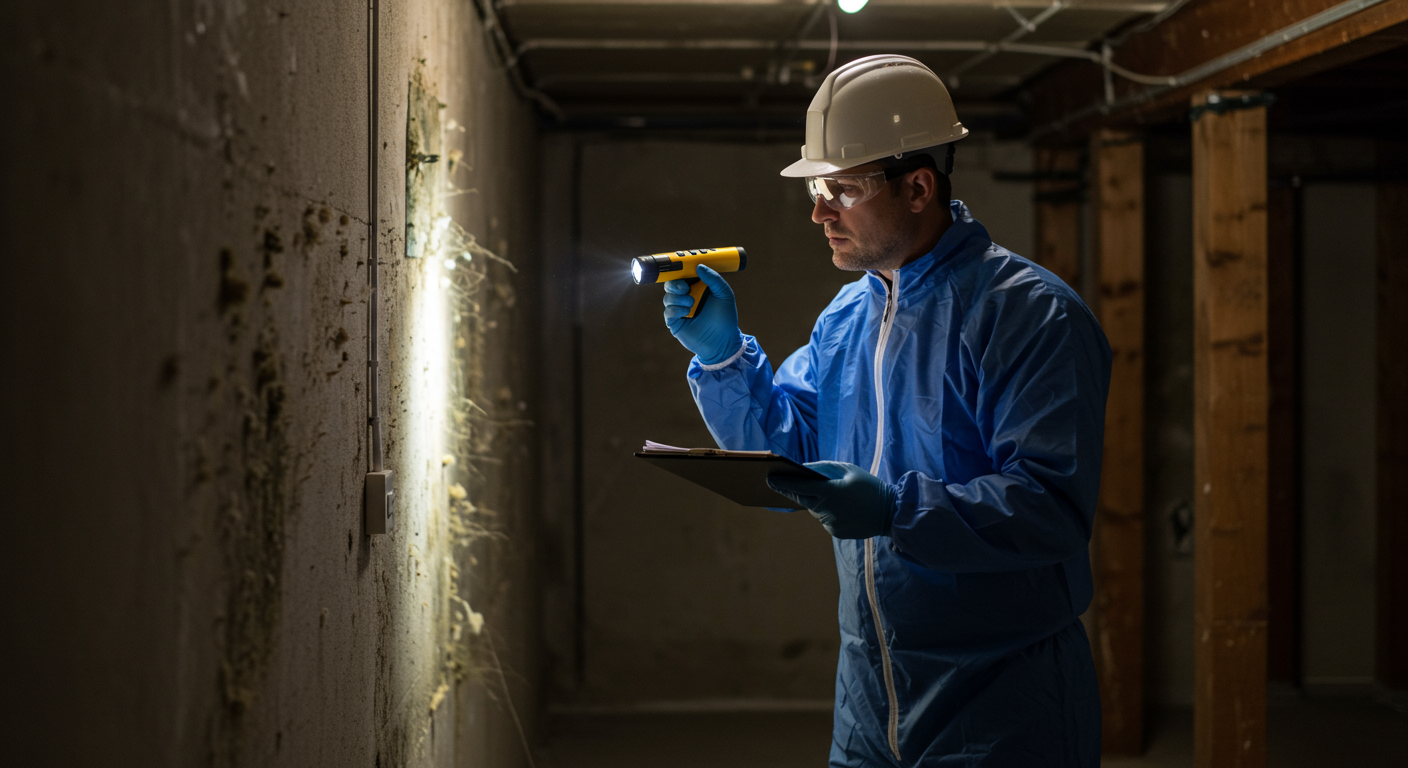 A professional mold inspector examining a residential area with a flashlight and moisture meter, looking for signs of mold growth.